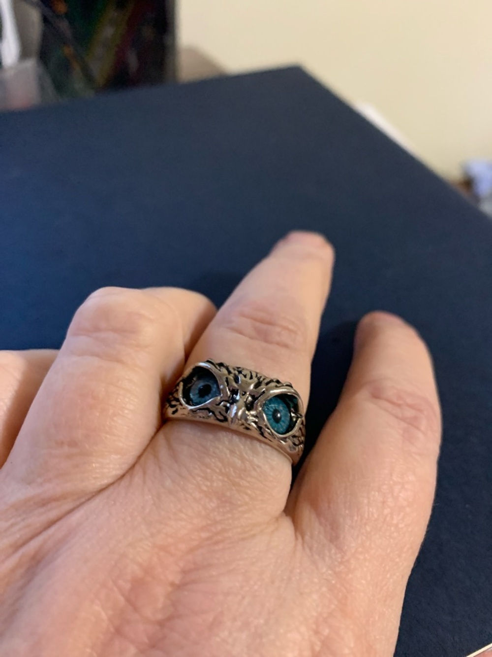 Silver Owl Eye Ring - Blue Gem Accent